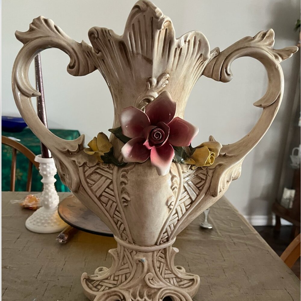 Vintage Double Handled Capodimonte porcelain hand painted Vase/Urn 15"